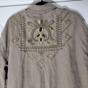 Free‎ People Embroidered Linen Safari Utility Jacket Taupe Brown S P Oversized